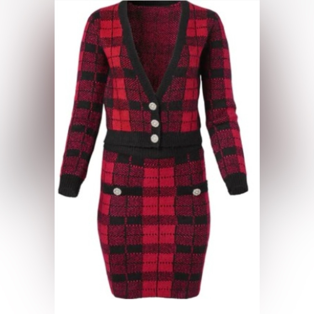 NWT Plaid V-Neck Buttoned Sweater and Skirt Set